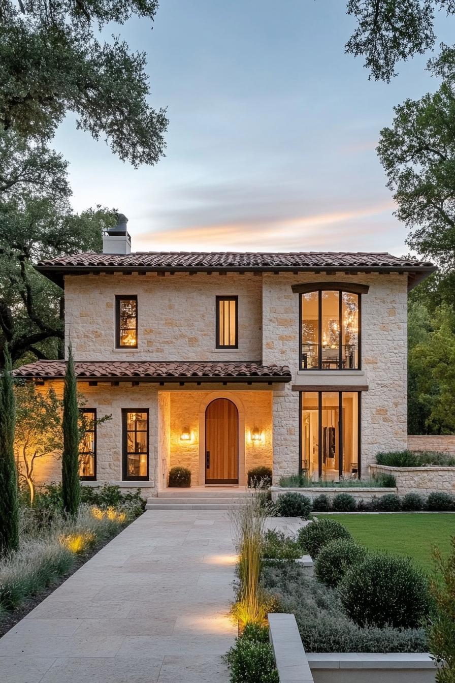 Elegant stone Tuscan home with tall windows and warm lighting