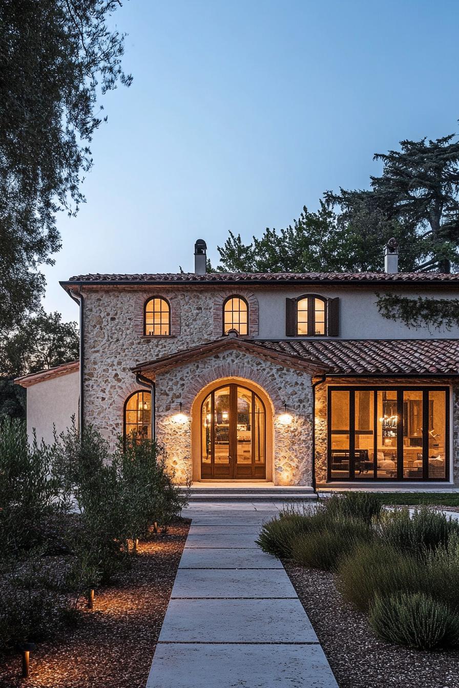 Tuscan villa with arched doors and stonework