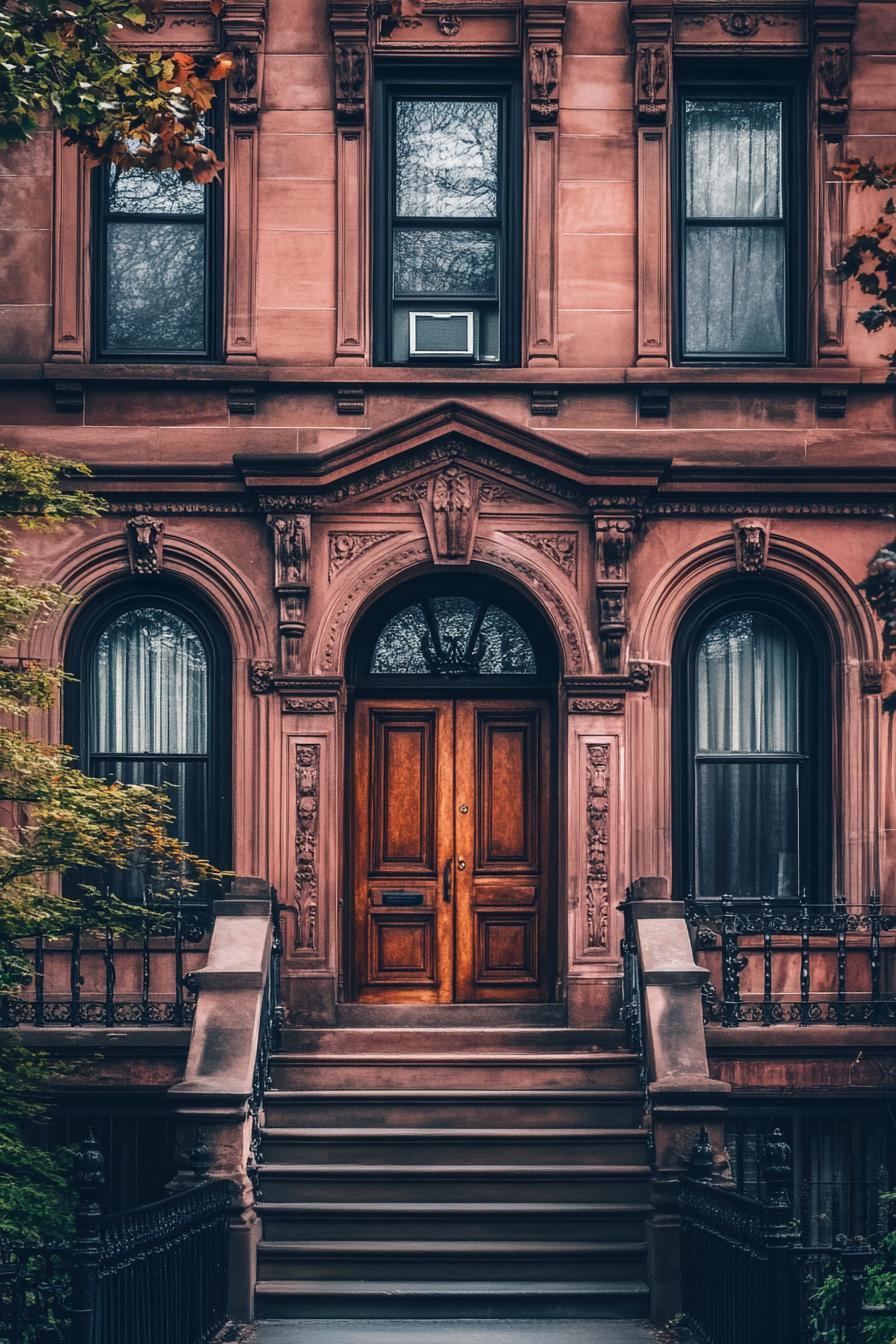 Red brick townhouse with ornate door and windows