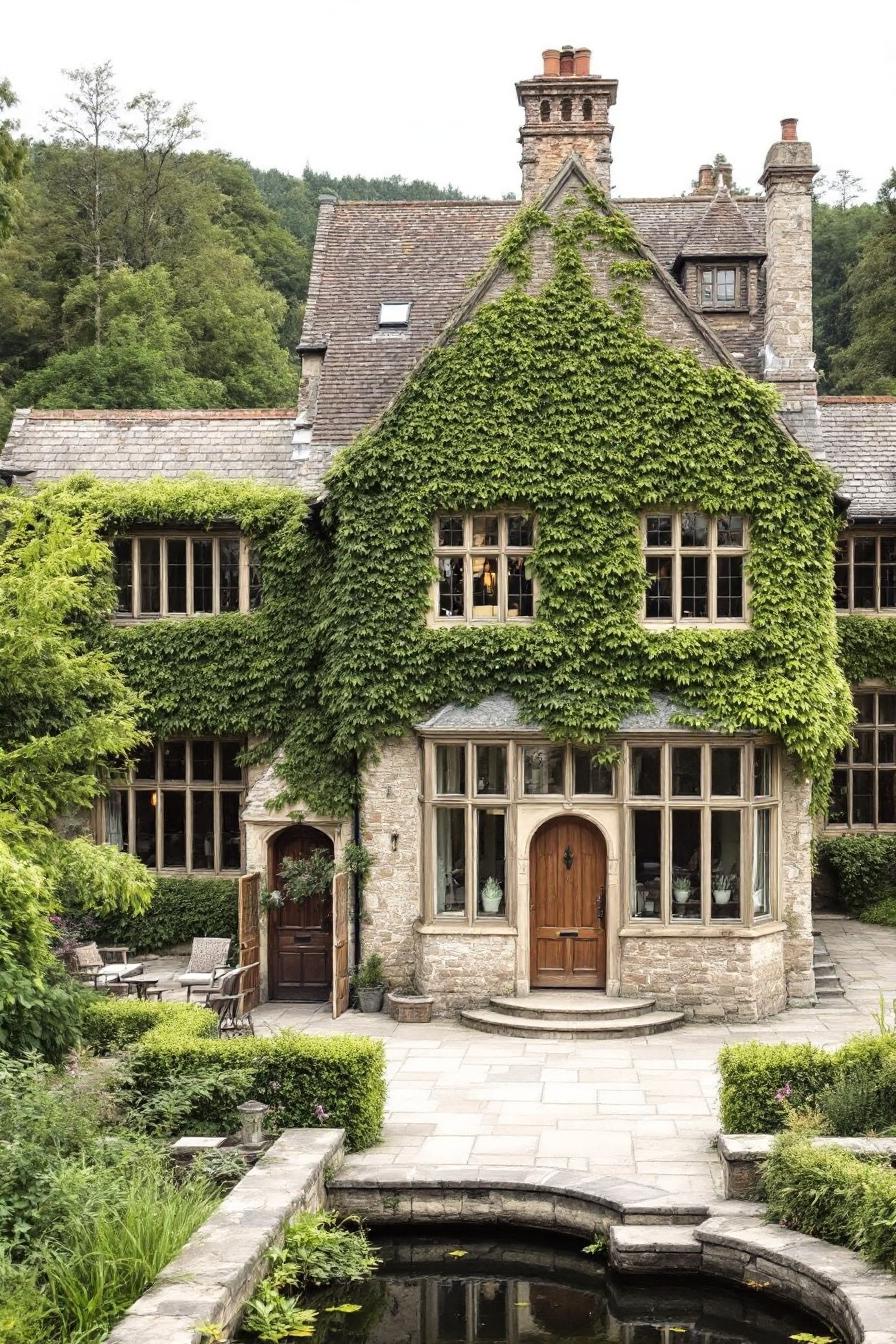 Ivy-covered stone house with a slate roof