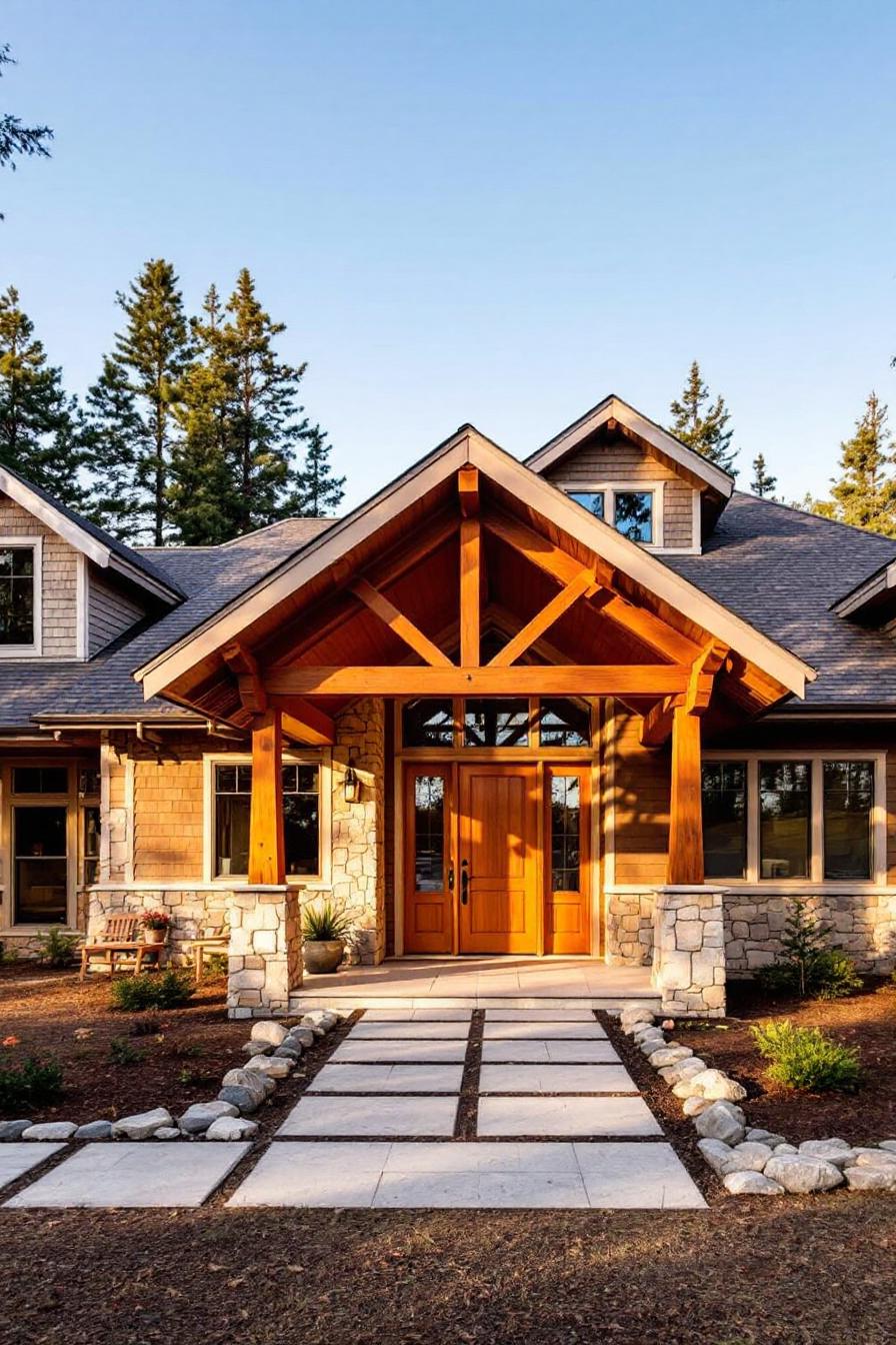 Gabled home entrance with stone accents