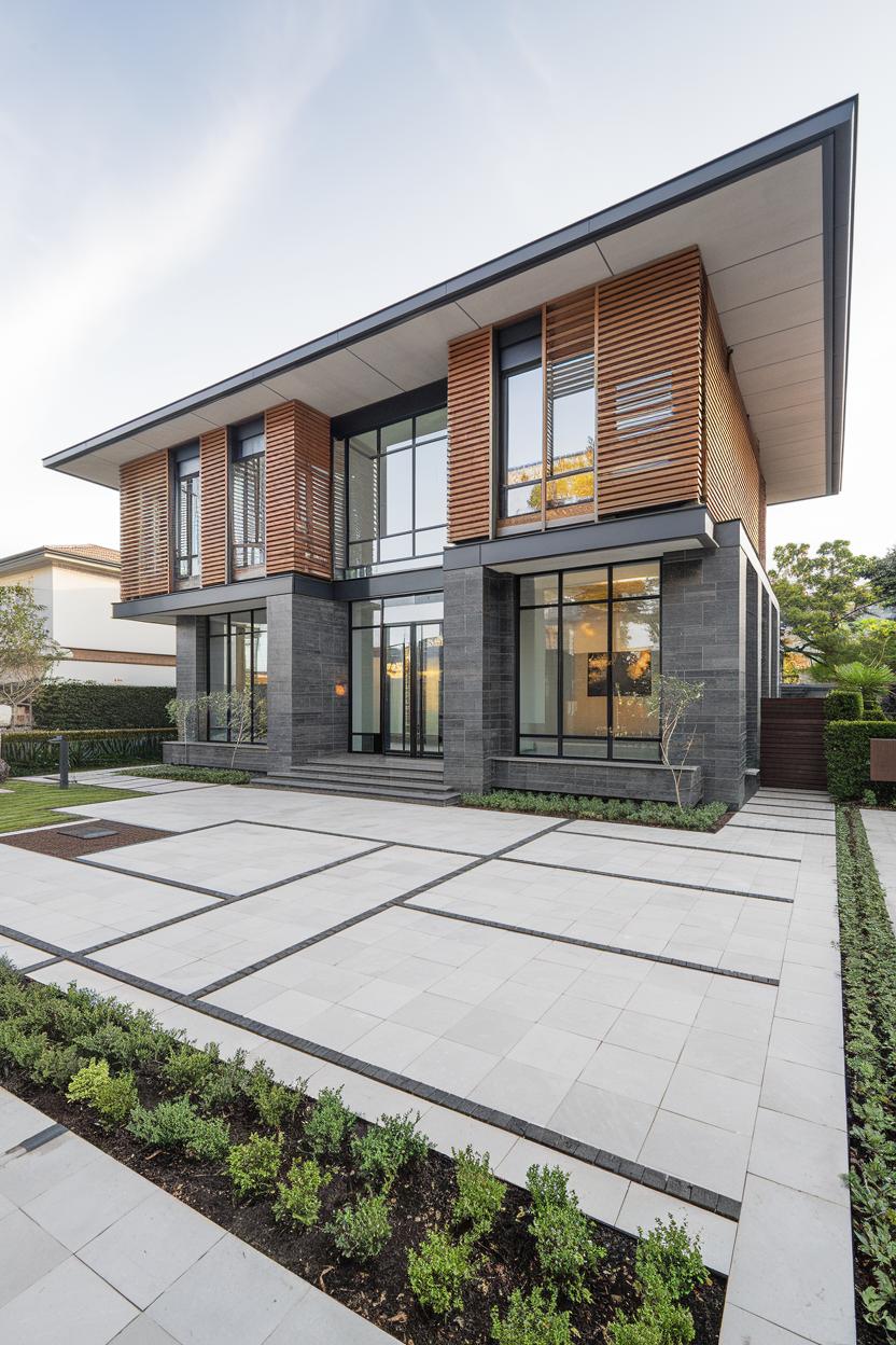 Modern house with wooden slats and expansive windows