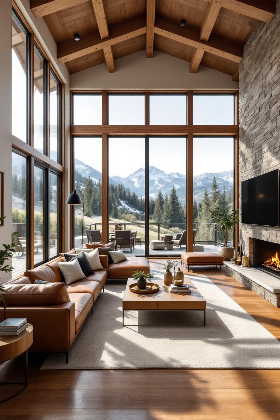 Spacious living area with mountain views through large windows