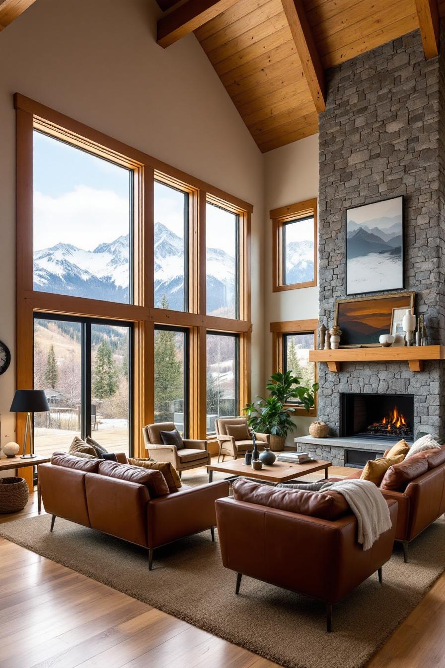 Spacious cabin living room with mountain views