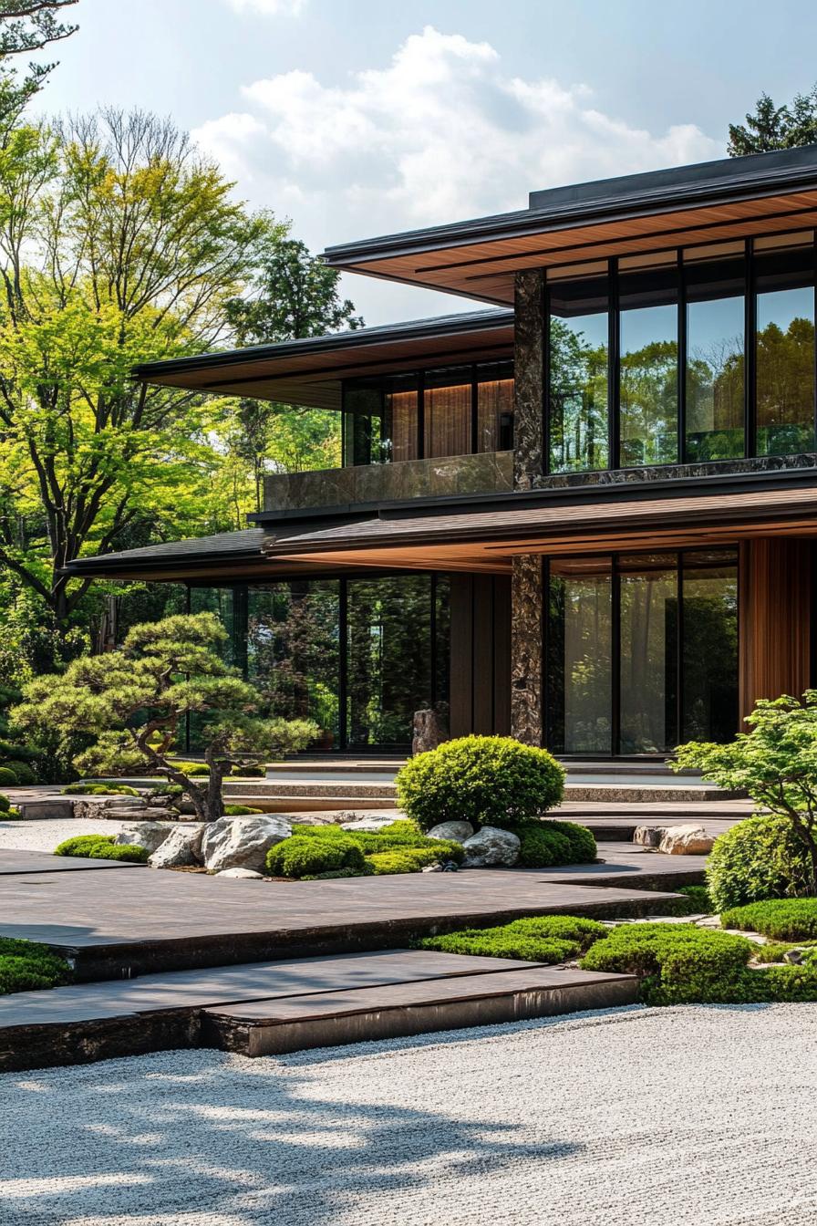 A sleek minimalist house nestled among lush green trees