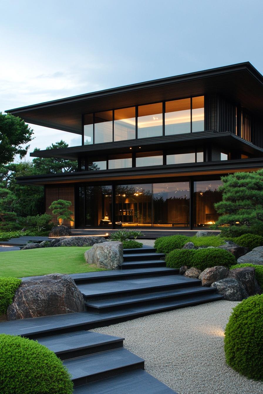 Modern minimalist house with large windows and a sleek design, surrounded by greenery and rocks