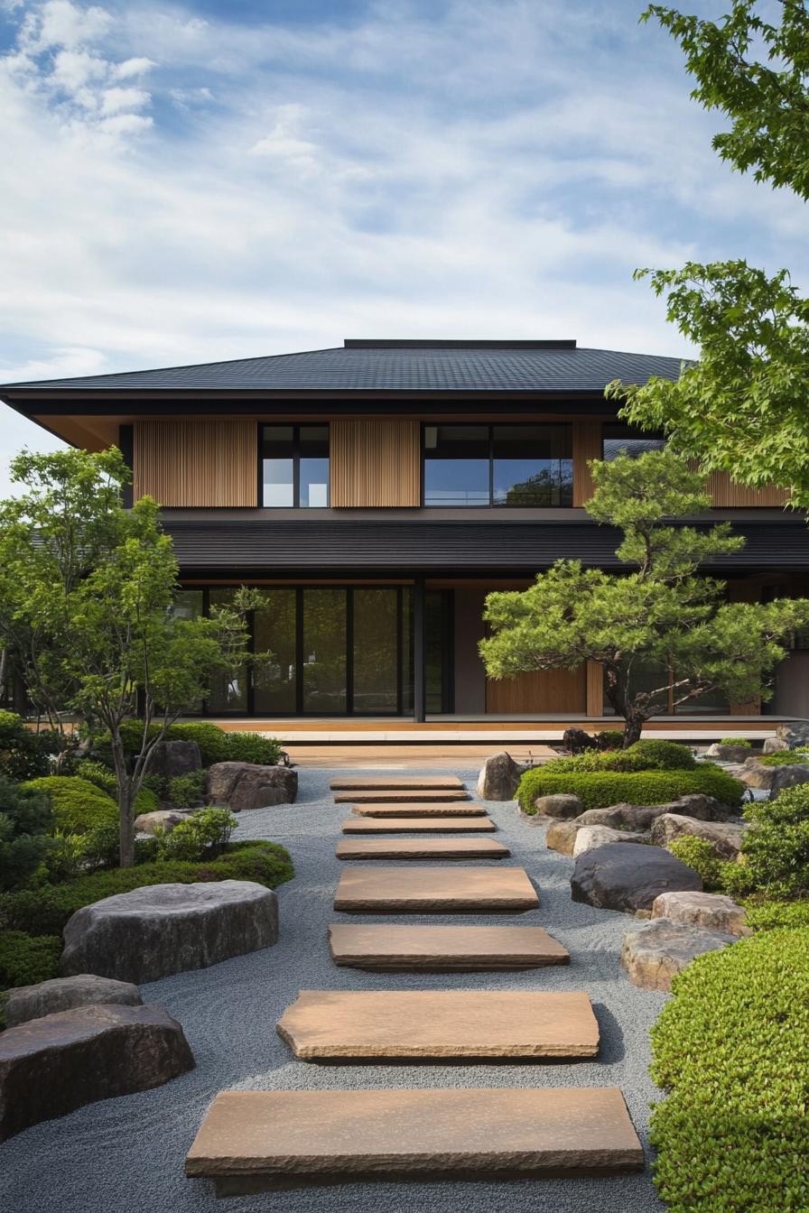 A minimalist house with a serene garden walkway