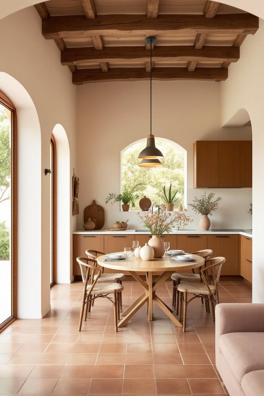 Modern dining room with wooden beams and earthy tones