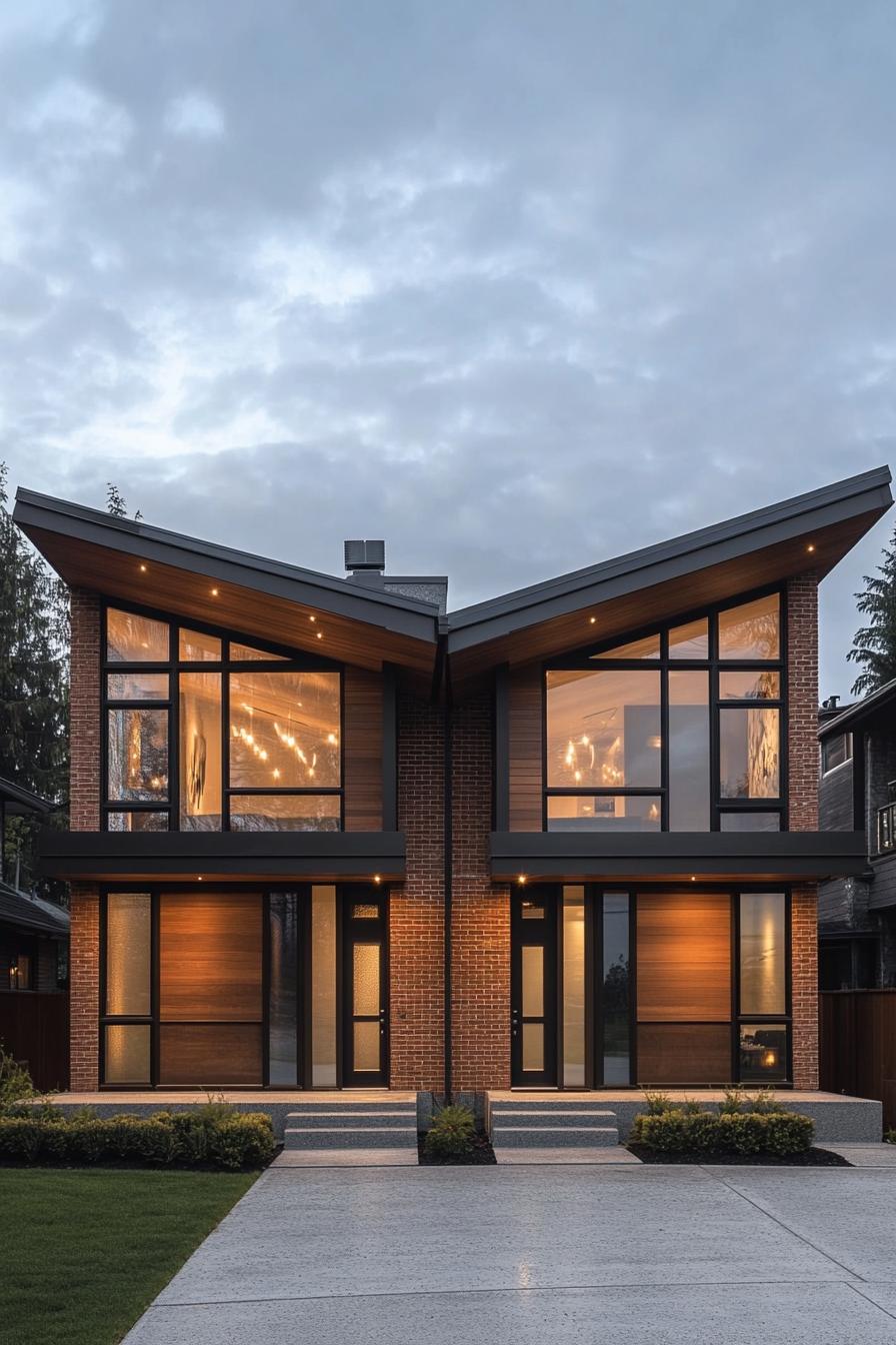 Modern duplex with sloped roofs and large windows