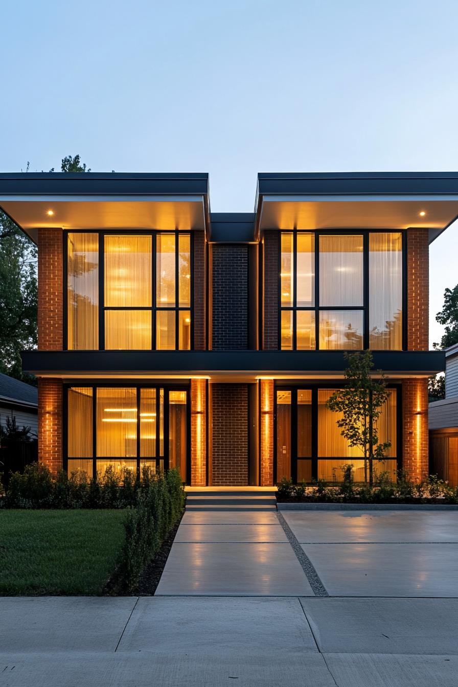 Modern brick duplex with large glass windows illuminated at dusk