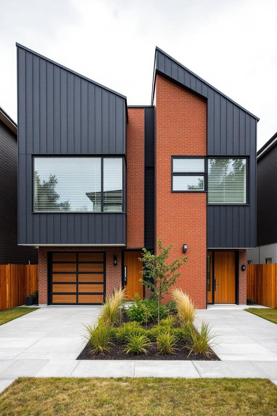 Modern duplex with striking rooflines and brick facade