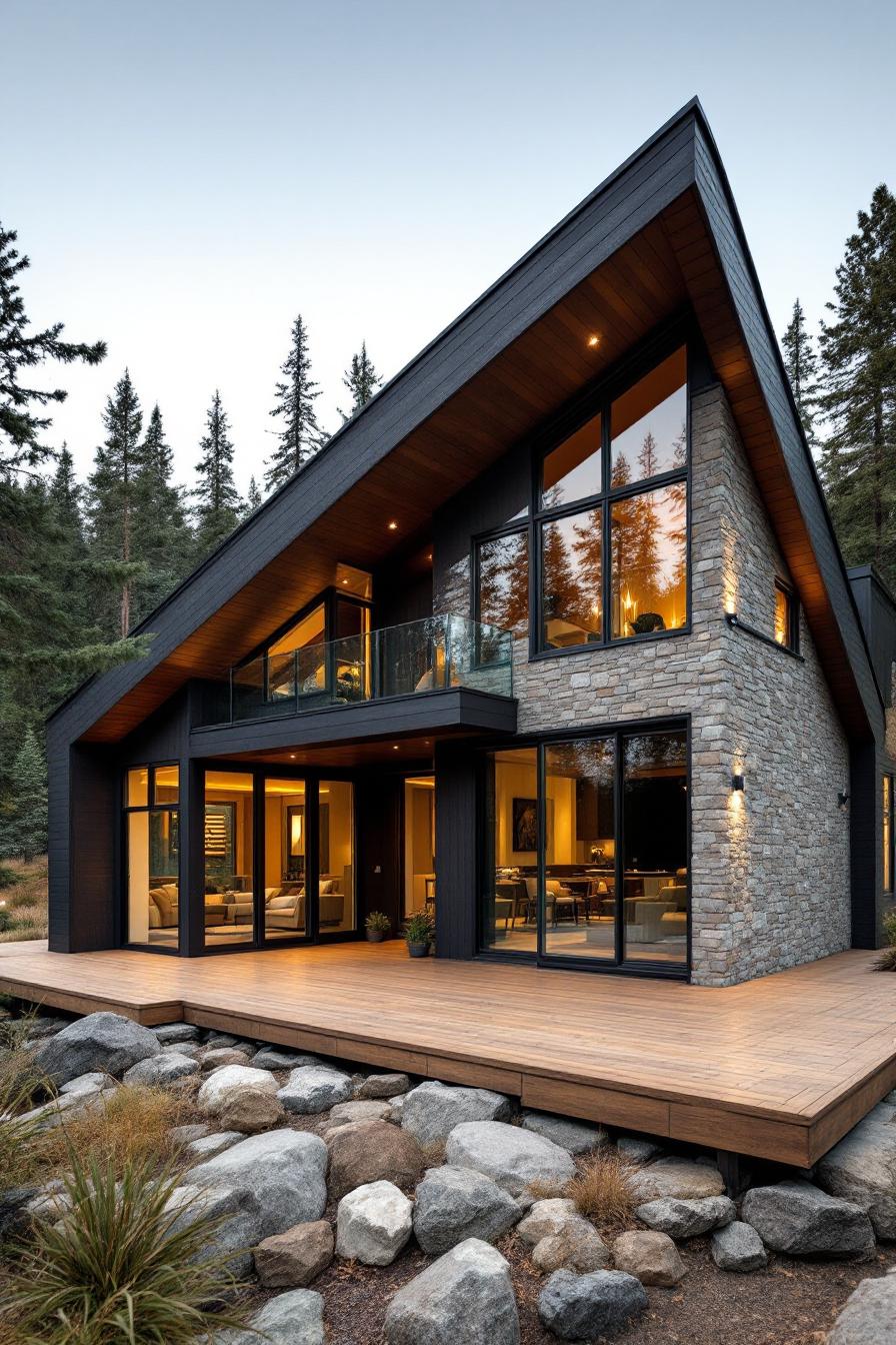 Modern cabin with angular roof, large glass windows, and stone wall