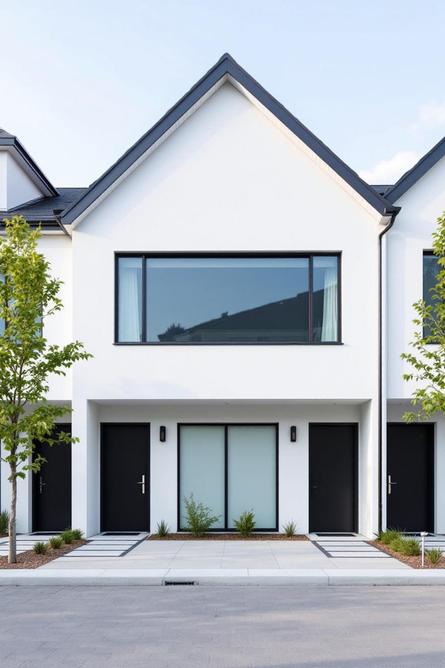 White townhouses with black doors and large windows