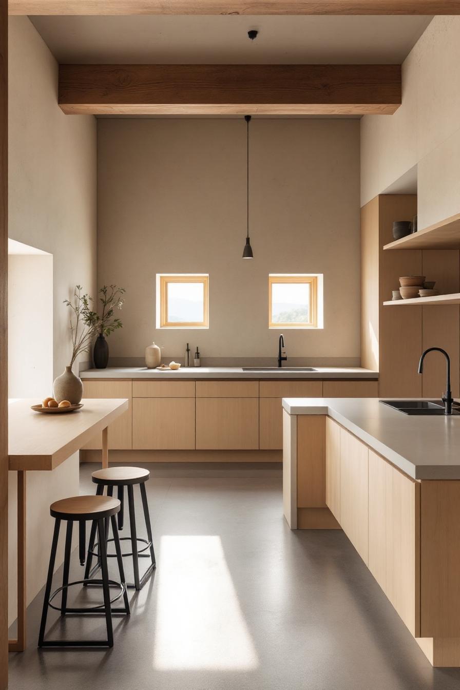 Minimalist kitchen with wooden textures and subtle light