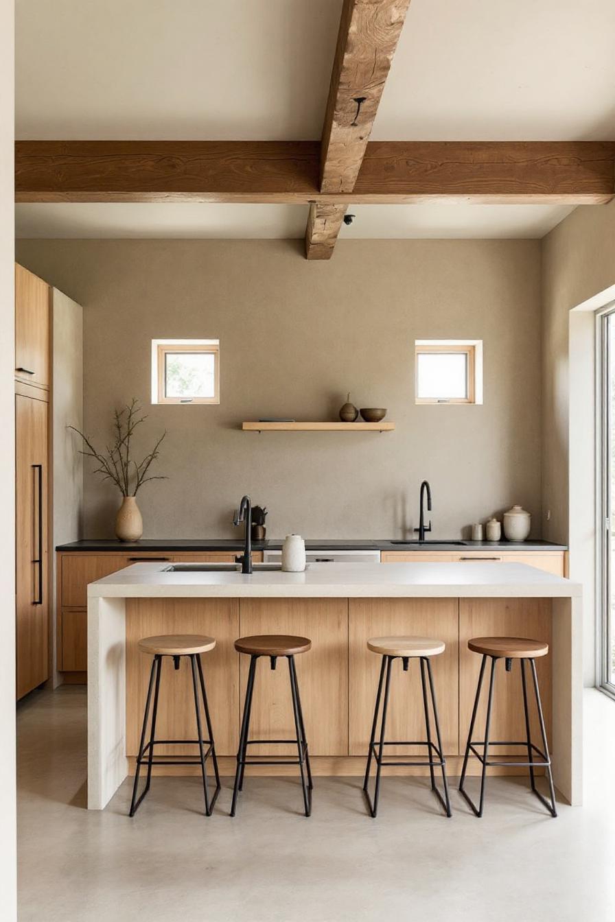 Minimalist kitchen with natural tones and wooden beams