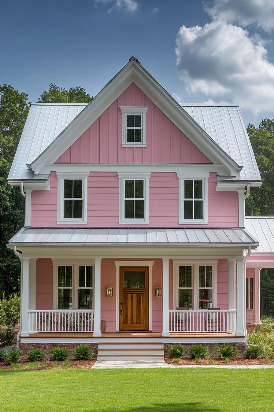 Pink house exterior with a charming porch