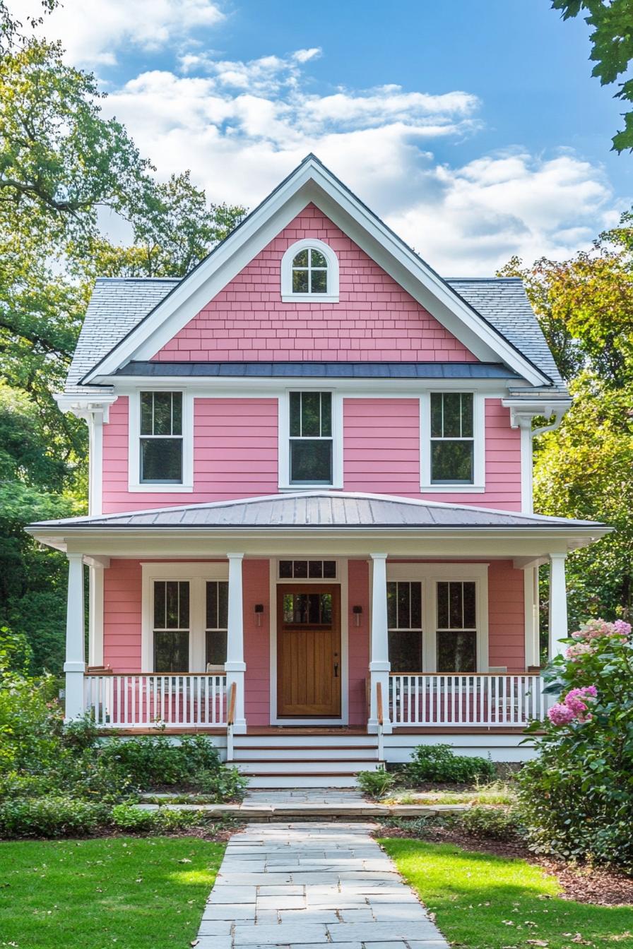 Pink house with a front porch and garden path