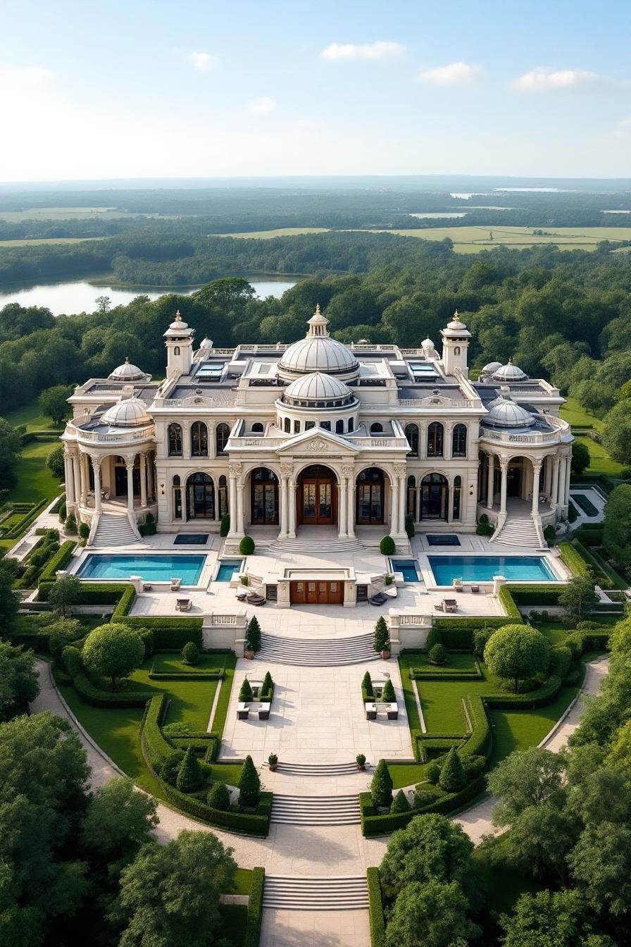 Majestic mansion with domes and pools, surrounded by greenery