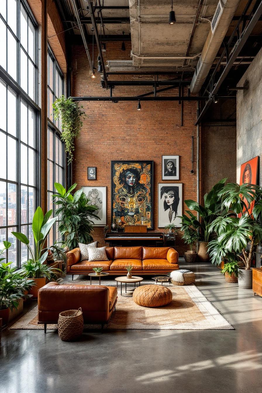 Sunlit loft with towering plants and vibrant art