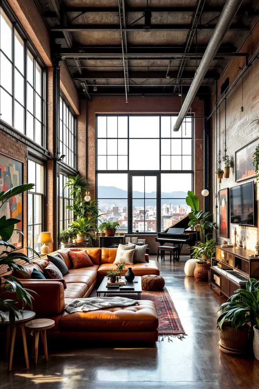 Sunlit loft with brown sofa and piano