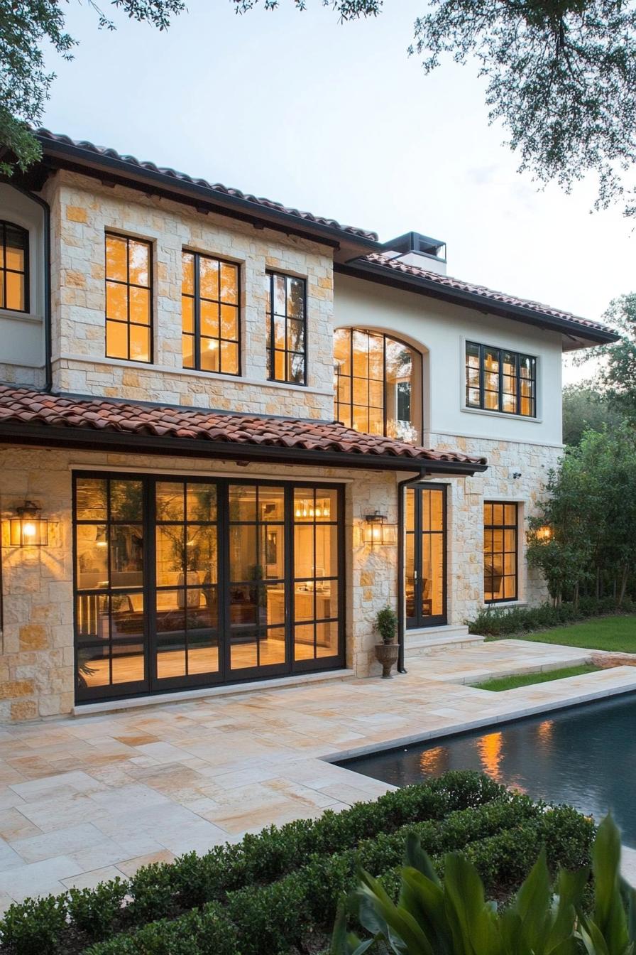 Spanish villa with stone facade and pool view