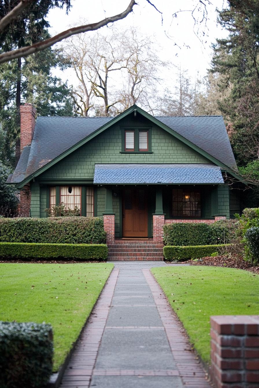 Green Craftsman House with Brick Pathway