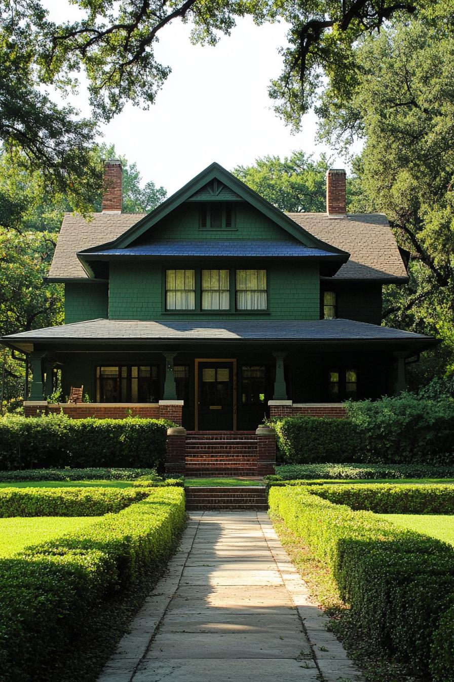 A green Craftsman farmhouse with a front porch and brick details