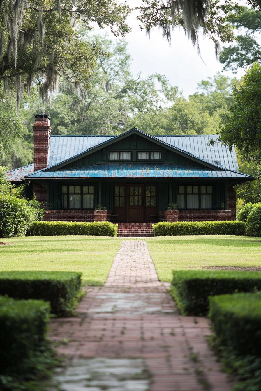 Charming bungalow nestled in a lush landscape with a welcoming brick path