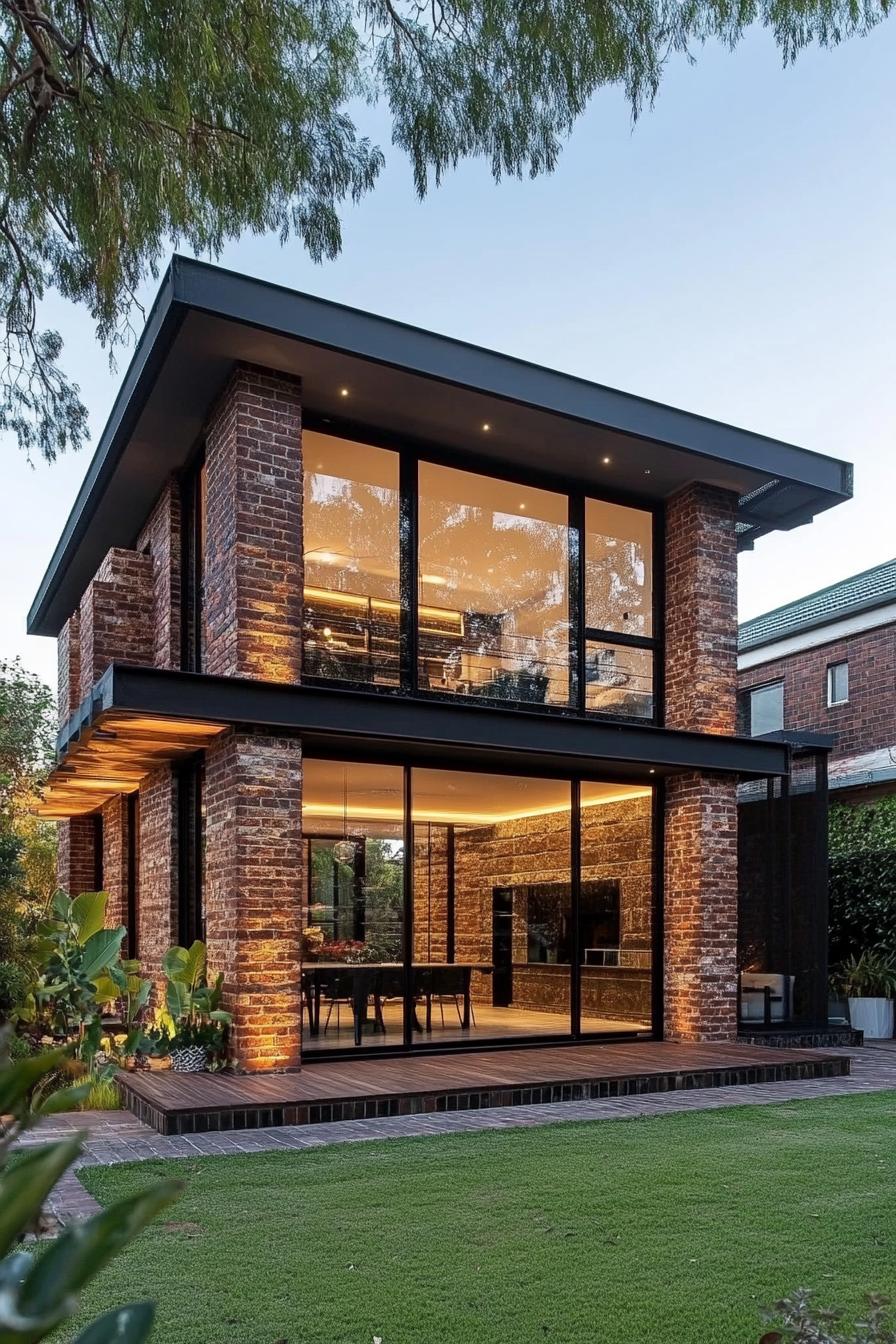 A modern brick house with large windows amidst greenery