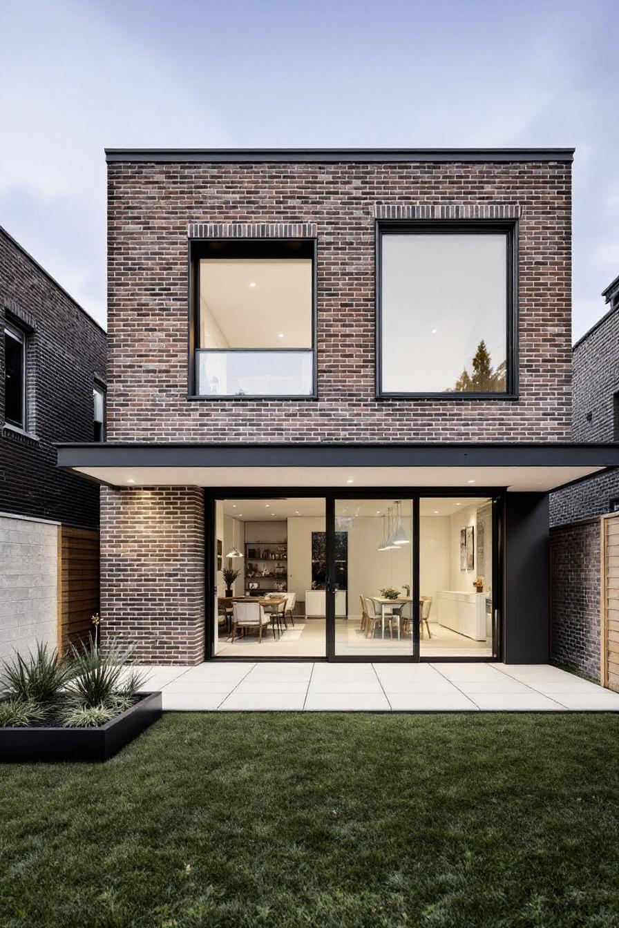 Modern brick house with large windows and a manicured lawn