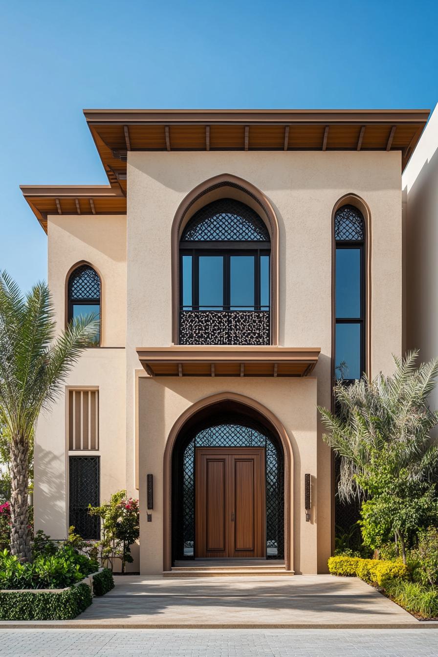 Front view of an Arabic-style house with archways and lush greenery