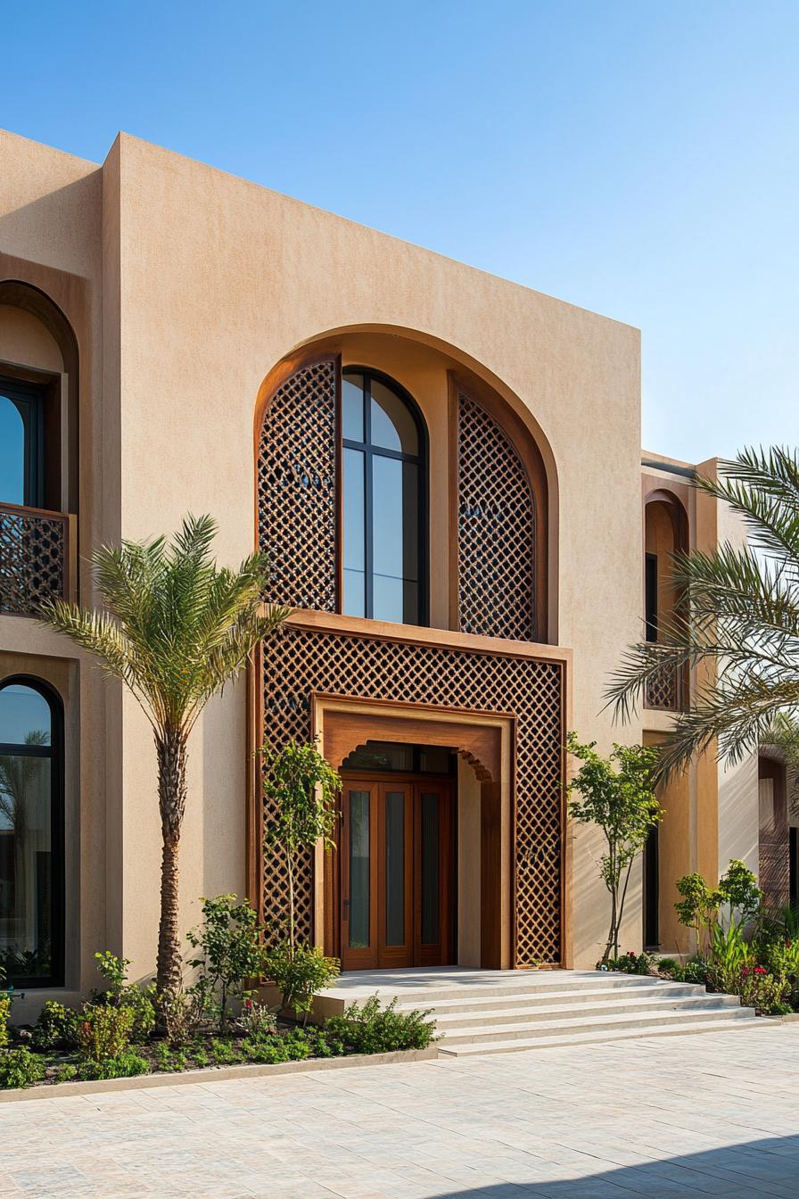 Elegant house with ornate arches and palm trees