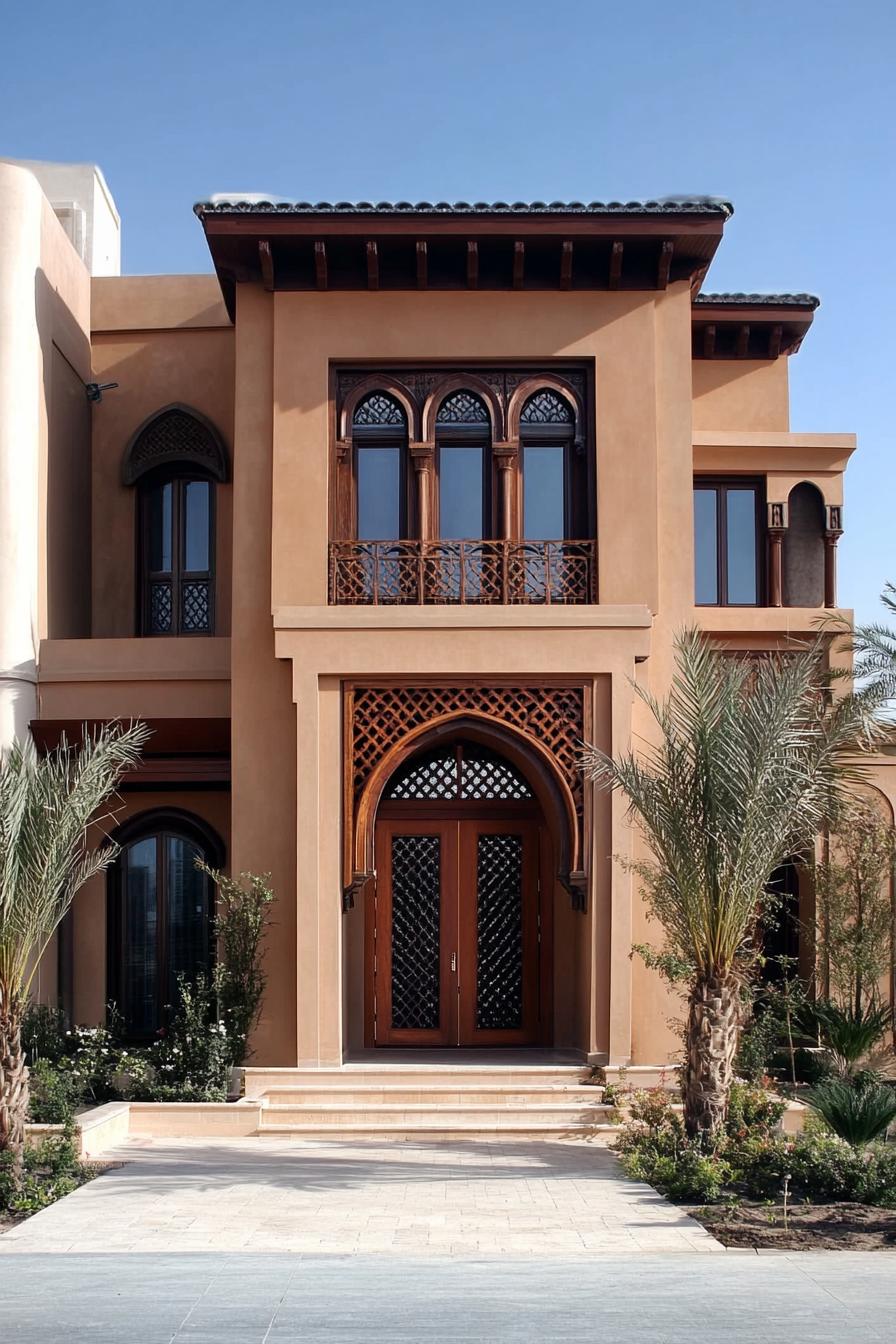 Front view of an Arabic house with arched wooden doors and windows