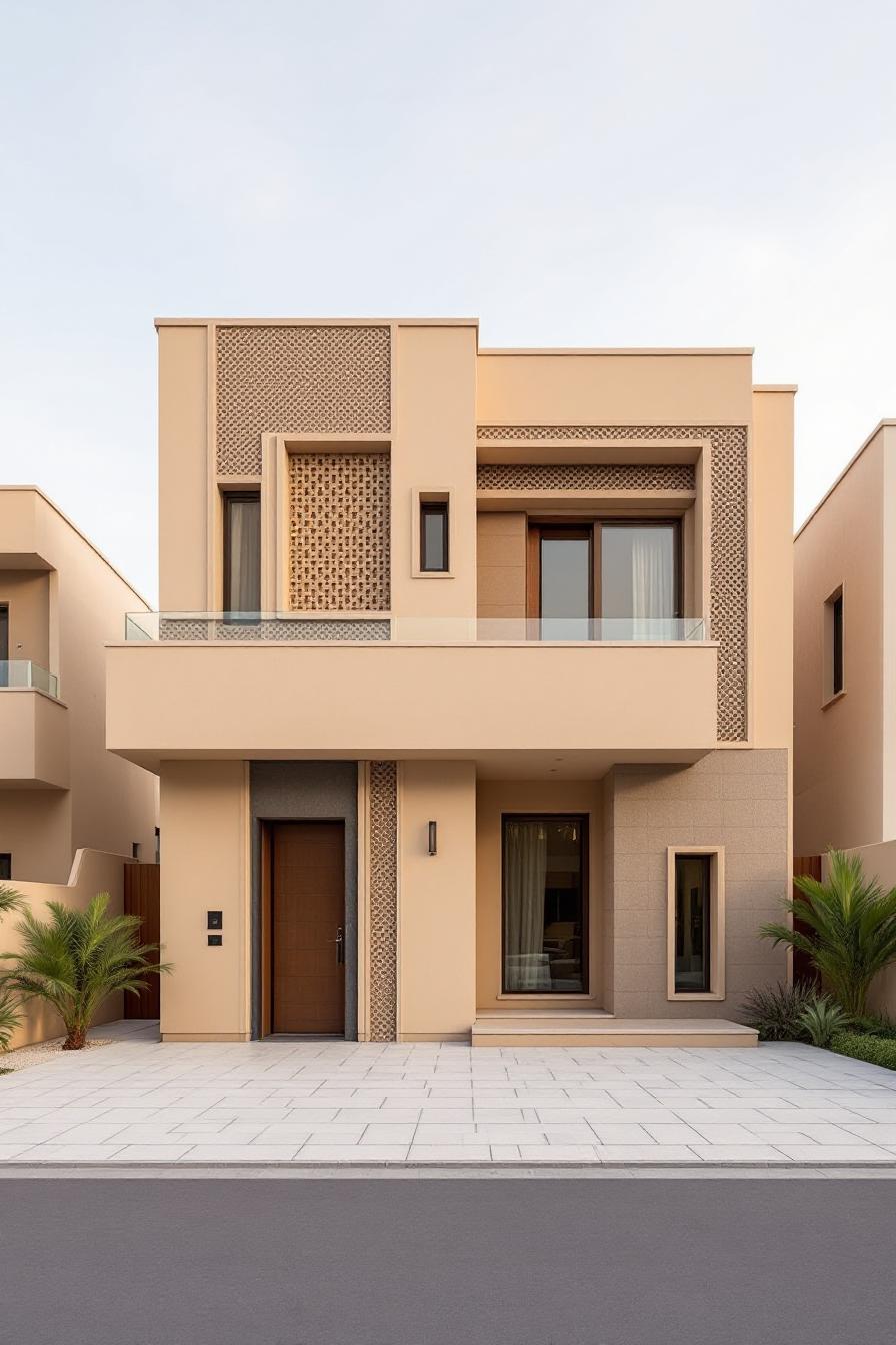 Modern house with geometric patterns and palm trees