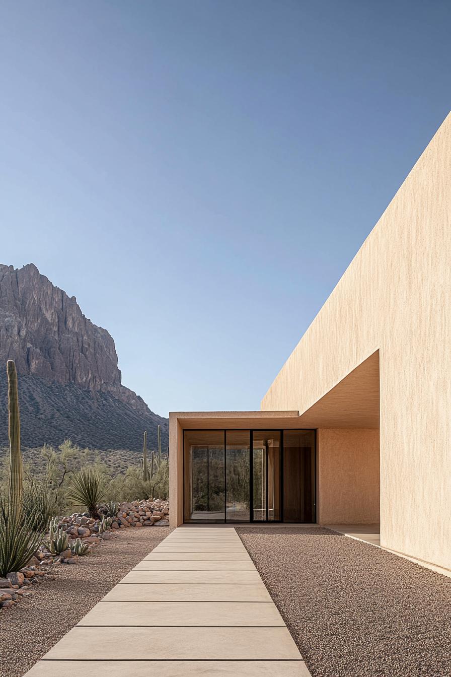 Modern desert home with mountains and cacti in the background