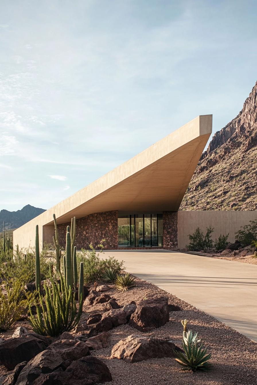 Modern house with angular roof and cacti in Arizona desert landscape