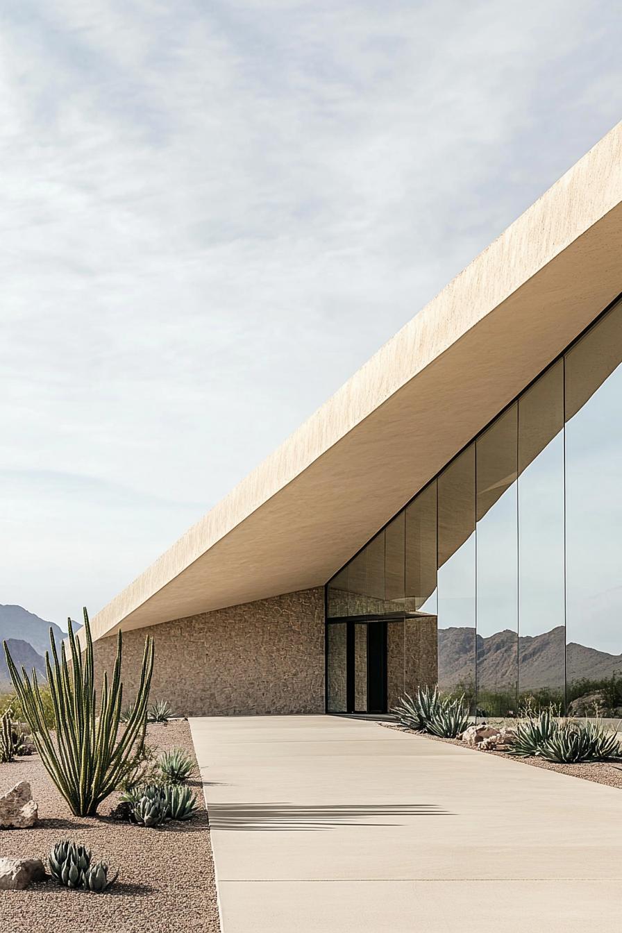 A modern home with slanted roof and desert plants