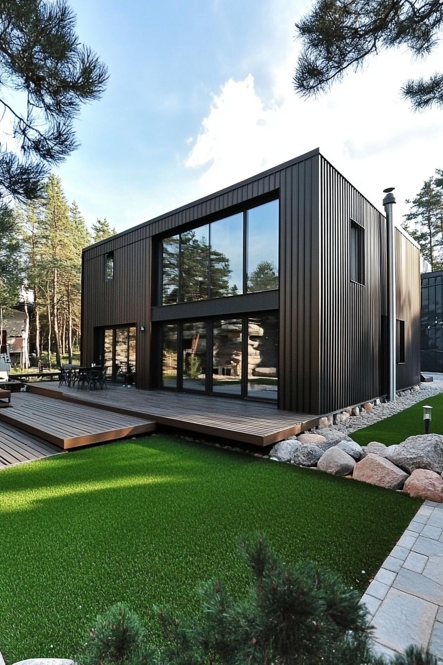 Modern house with brown cladding and large windows