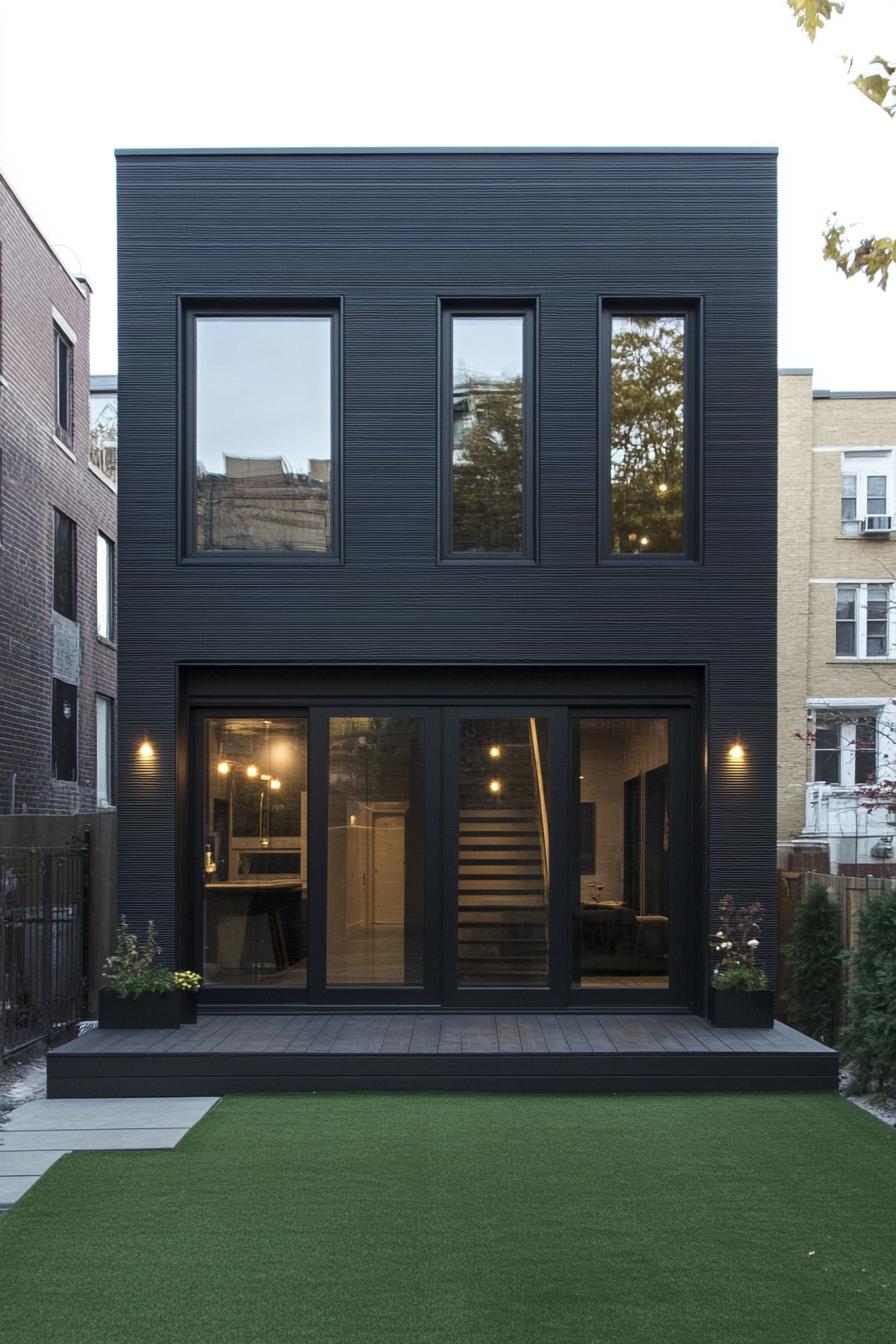 Modern two-story facade with sleek black cladding