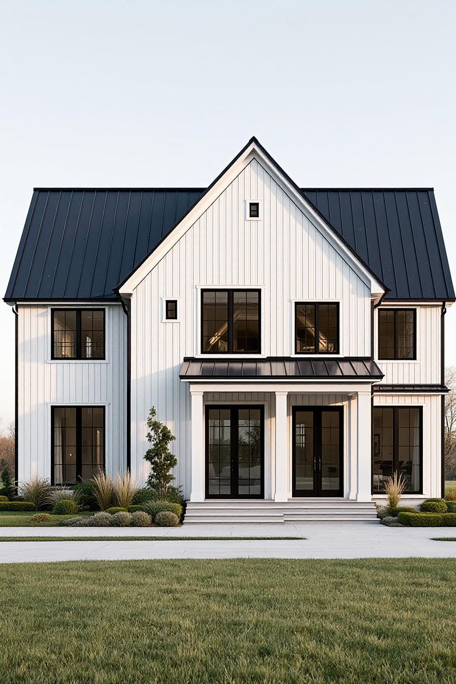 Sleek white farmhouse with black accents