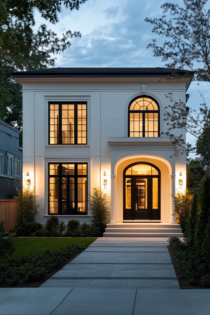 Elegant front of a neoclassical home glowing warmly at dusk