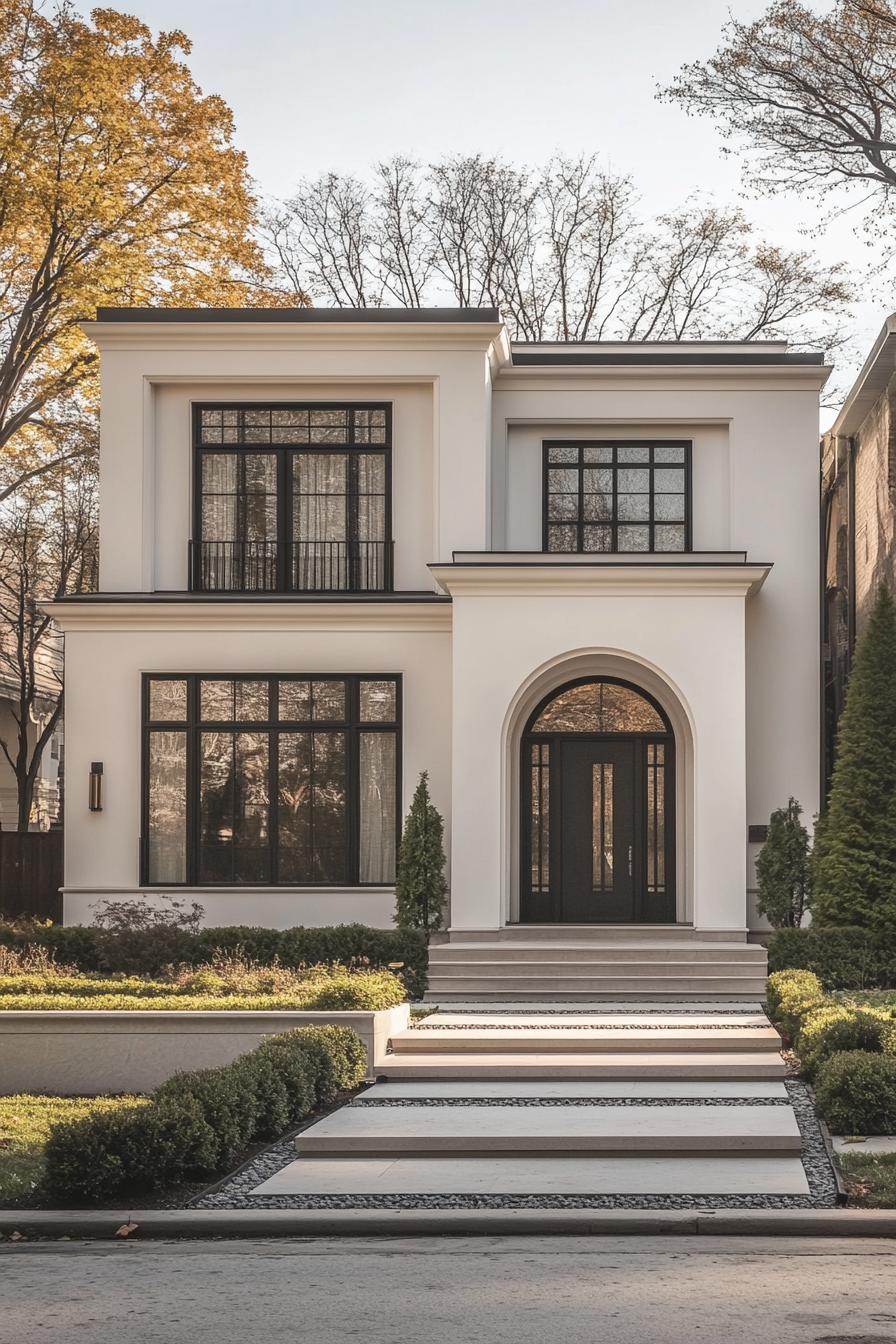 Contemporary neoclassical house with tall windows and an arched entrance