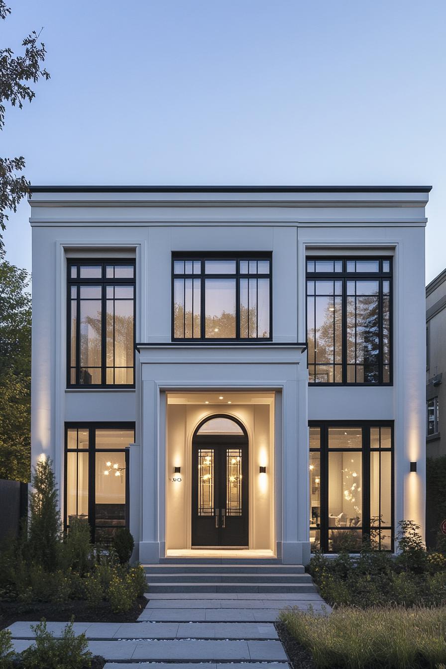 Modern neoclassical house with large windows and a grand entrance at twilight