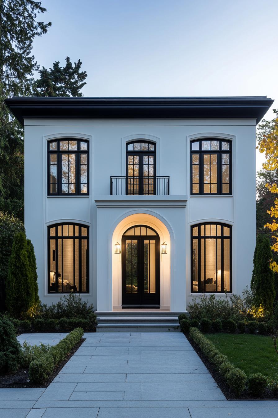 Neoclassical facade with arched windows and central entrance