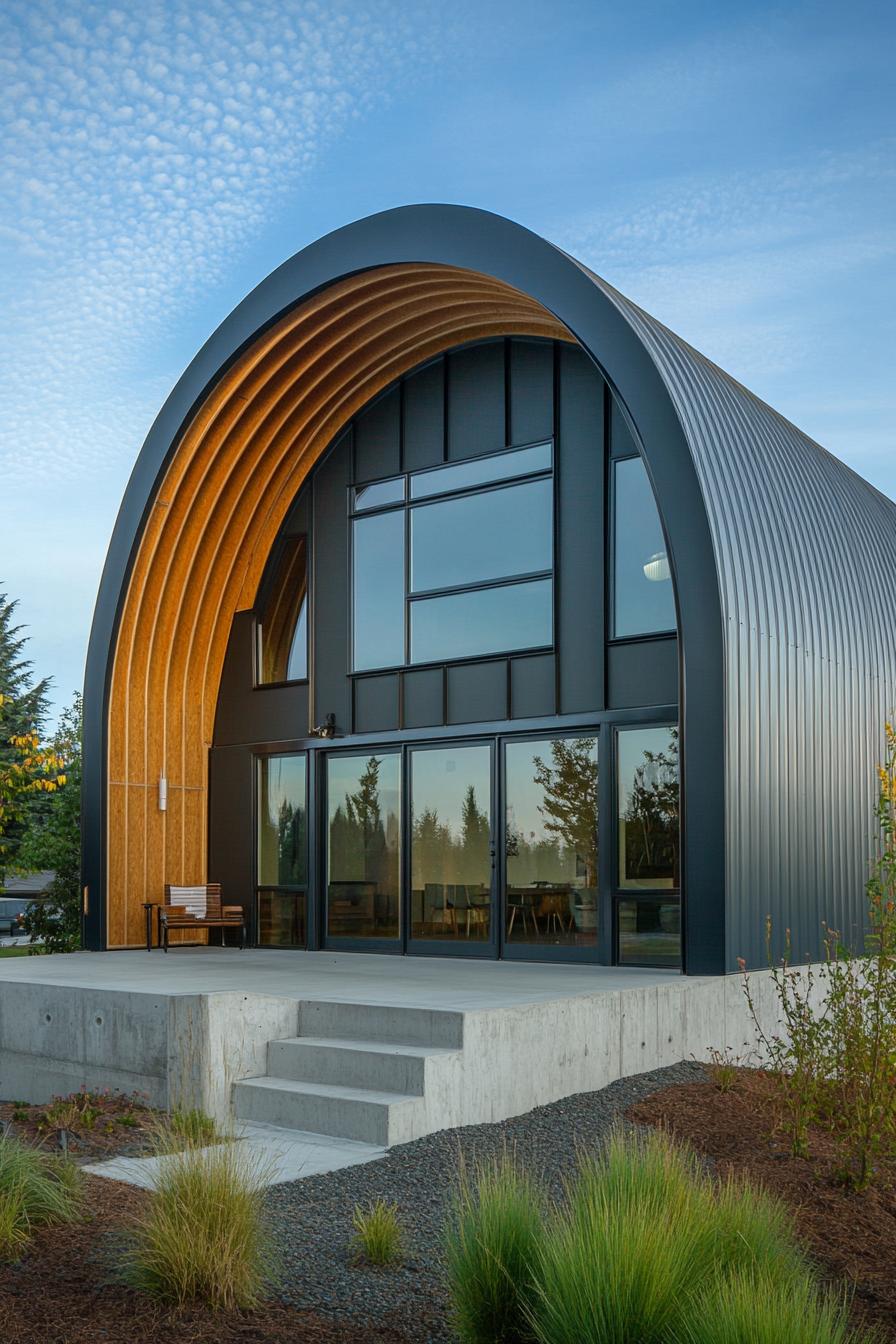 Quonset hut home with a large window and wooden interior