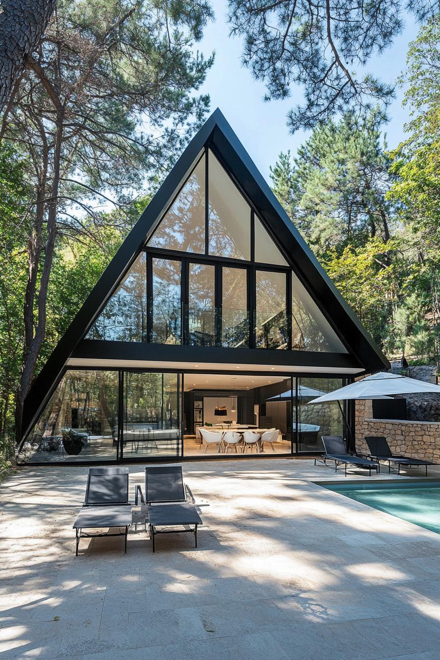 Modern A-frame house with a glass front and forest backdrop