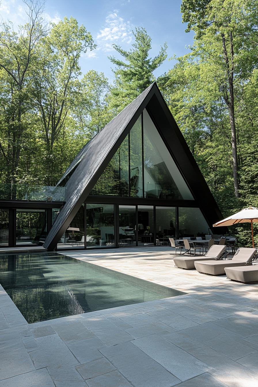 A-Frame house with a pool in a forest setting