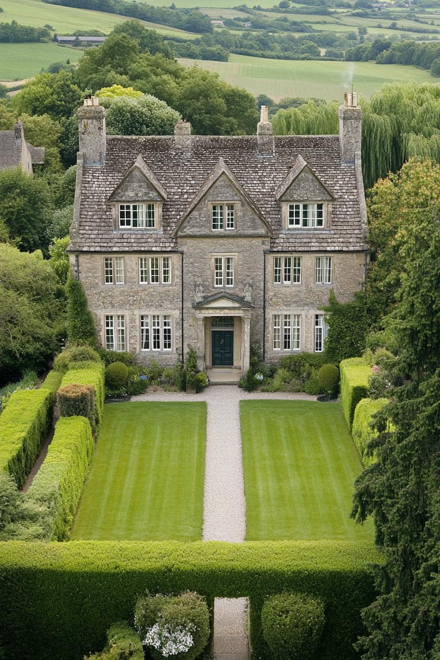 Elegant stone manor with lush garden path