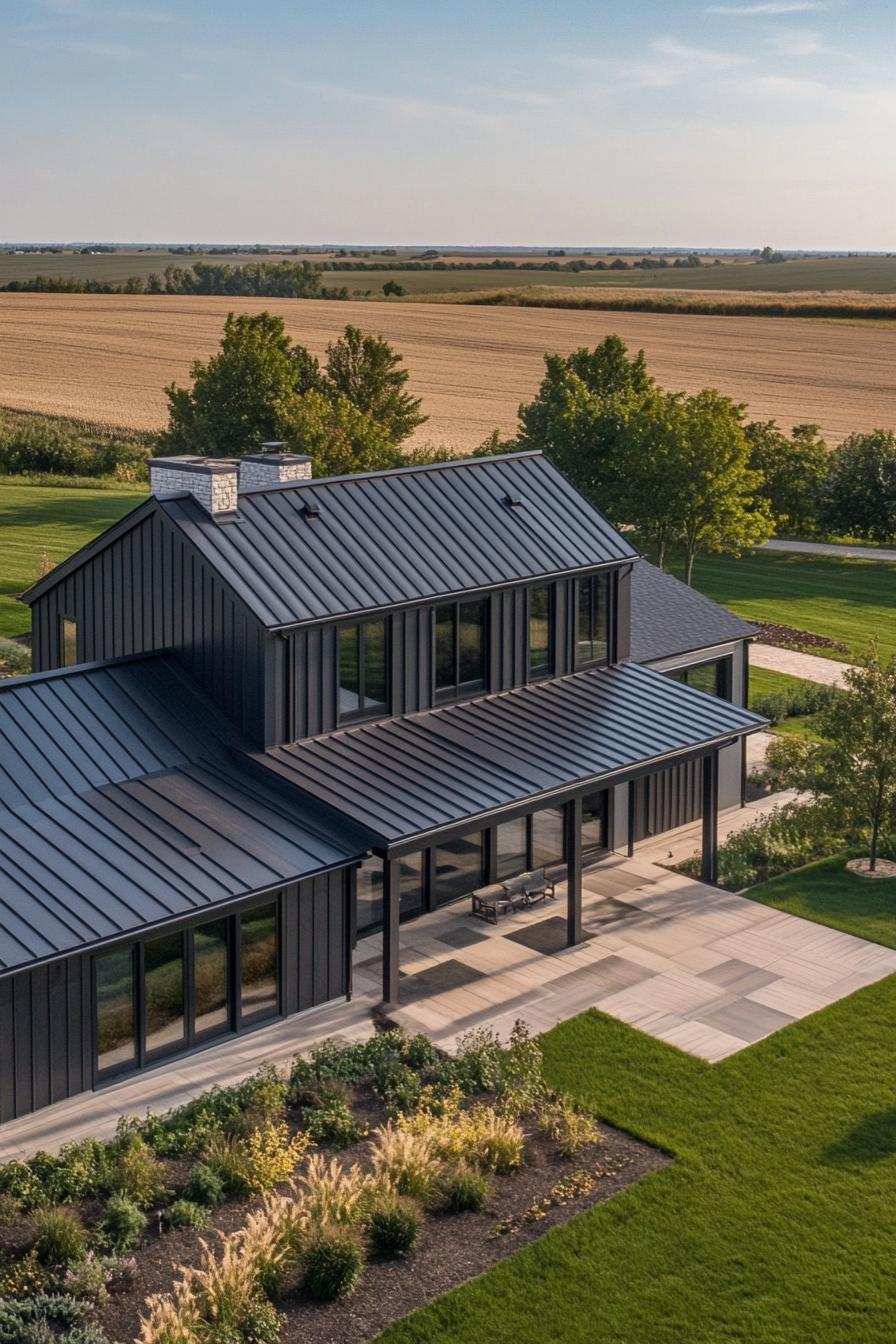 Modern farmhouse with sleek lines and lush surroundings