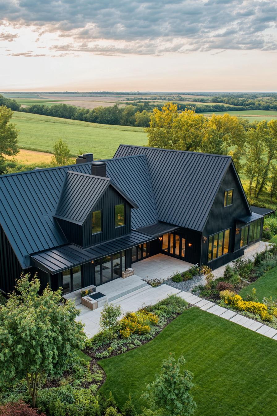 Luxurious black farmhouse with expansive views